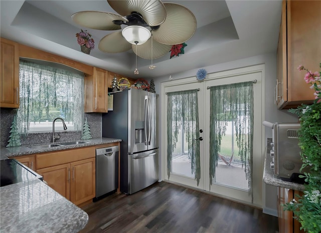 kitchen with appliances with stainless steel finishes, a raised ceiling, a healthy amount of sunlight, and sink