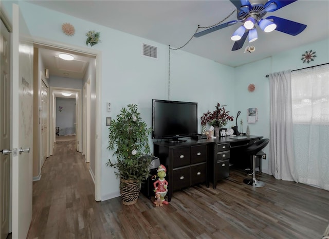 office featuring ceiling fan and dark wood-type flooring