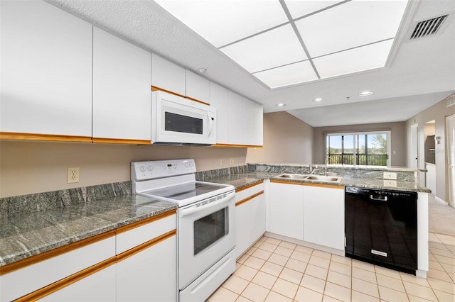 kitchen featuring kitchen peninsula, white appliances, sink, white cabinetry, and light tile patterned flooring