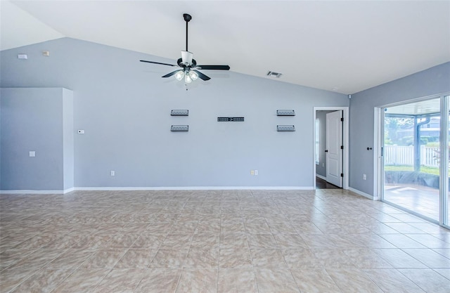 unfurnished room with visible vents, a ceiling fan, light tile patterned flooring, vaulted ceiling, and baseboards