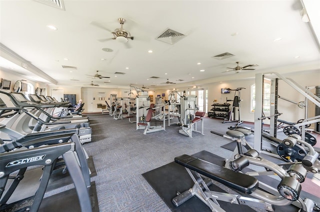 workout area with recessed lighting, visible vents, and a ceiling fan