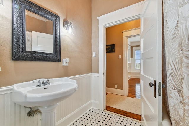 bathroom with hardwood / wood-style flooring and sink