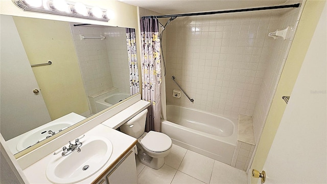 full bathroom featuring tile patterned flooring, vanity, toilet, and shower / bathtub combination with curtain