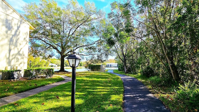 view of home's community featuring a lawn and a water view