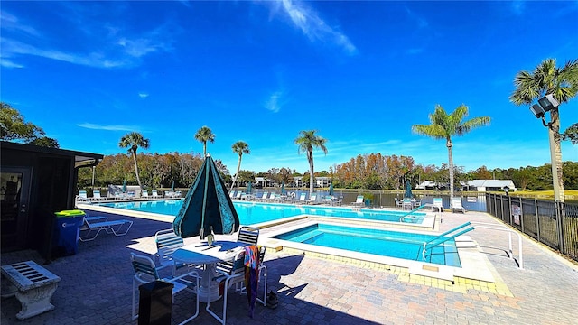 view of pool with a patio and a hot tub