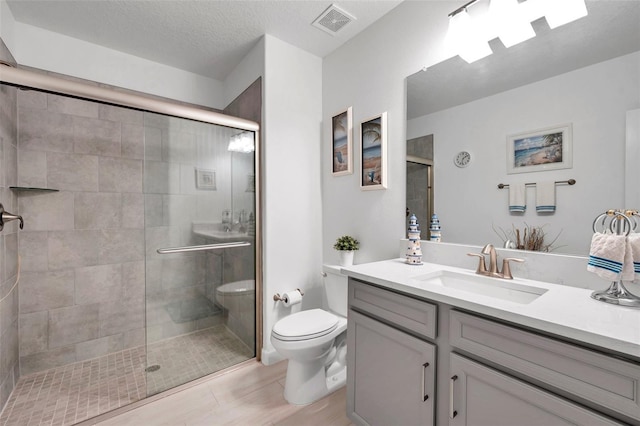 bathroom featuring vanity, a textured ceiling, toilet, and a shower with shower door