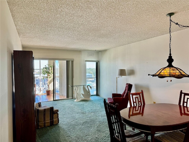 carpeted dining space featuring a textured ceiling