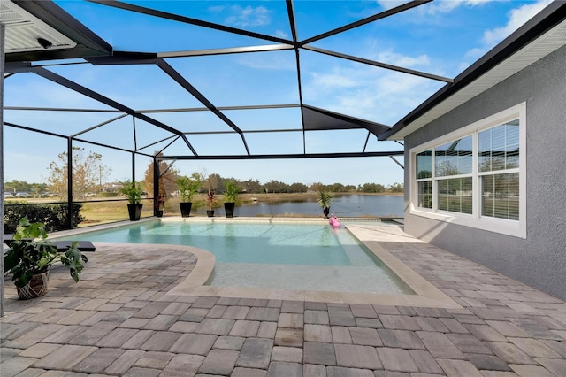 7506 Parkshore Dr, Apollo Beach, FL 33572 - swimming pool with a patio area, a water view, and glass enclosure