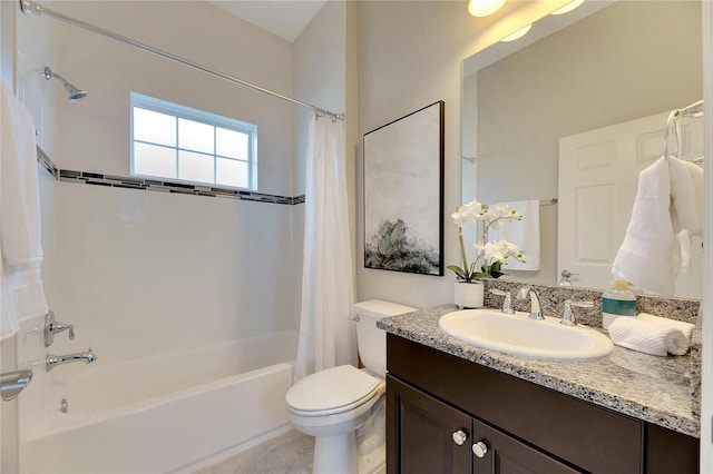 full bathroom featuring vanity, toilet, and shower / bathtub combination with curtain