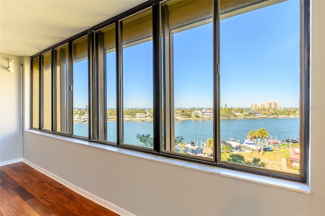 interior space with dark hardwood / wood-style flooring, plenty of natural light, and a water view