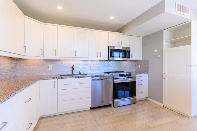 kitchen featuring backsplash, sink, light stone countertops, white cabinetry, and stainless steel appliances