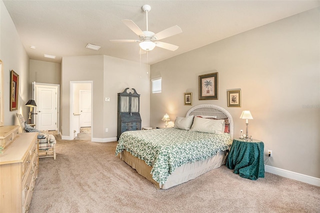 bedroom featuring ceiling fan and light colored carpet