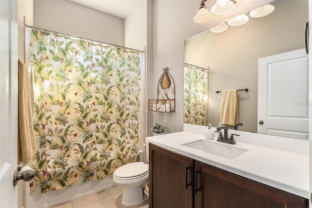 full bathroom with toilet, tile patterned flooring, shower / bath combination with curtain, and vanity