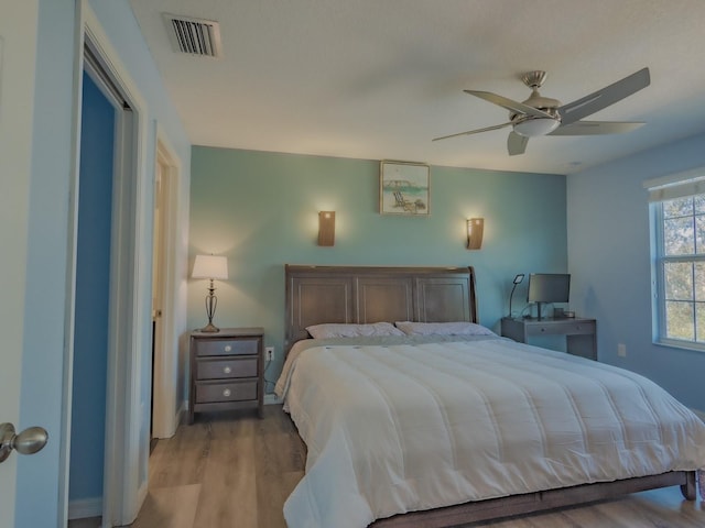 bedroom featuring ceiling fan and light wood-type flooring