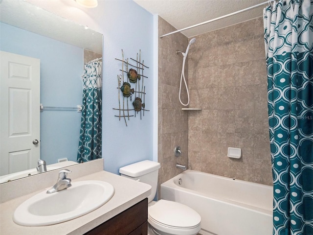 full bathroom featuring vanity, shower / tub combo, a textured ceiling, and toilet