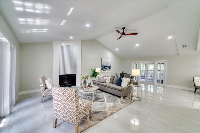 living room with french doors, vaulted ceiling, and ceiling fan