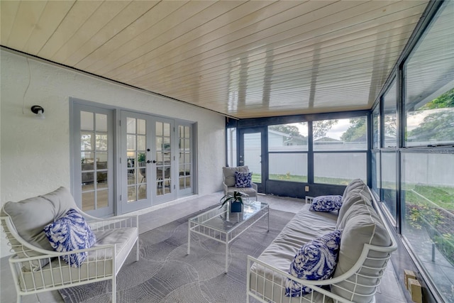 sunroom / solarium with french doors and wooden ceiling