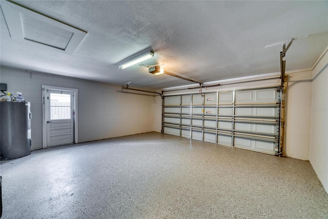 garage with a garage door opener and water heater