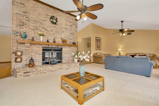 living room with a fireplace, carpet, vaulted ceiling, and ceiling fan