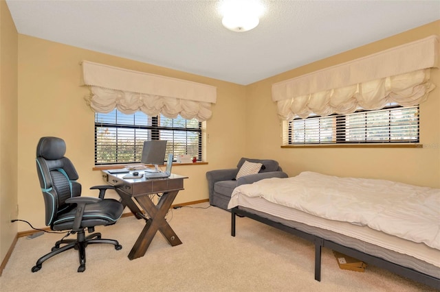 bedroom with light colored carpet, a textured ceiling, and baseboards