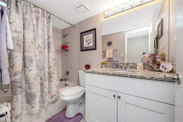 full bath with tile patterned flooring, shower / bath combo with shower curtain, toilet, vanity, and visible vents