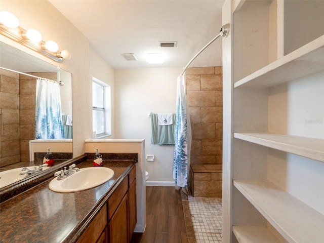 bathroom featuring a shower with curtain, toilet, and vanity