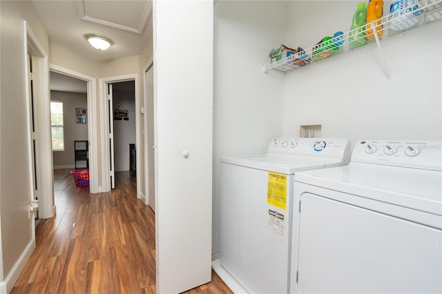 laundry room featuring washing machine and dryer and hardwood / wood-style flooring