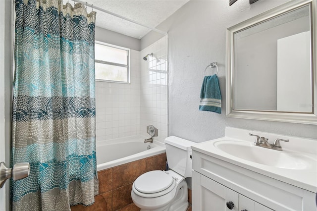 full bathroom with shower / tub combo, vanity, a textured ceiling, and toilet