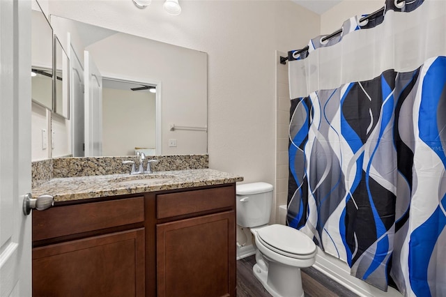 bathroom with hardwood / wood-style flooring, vanity, and toilet