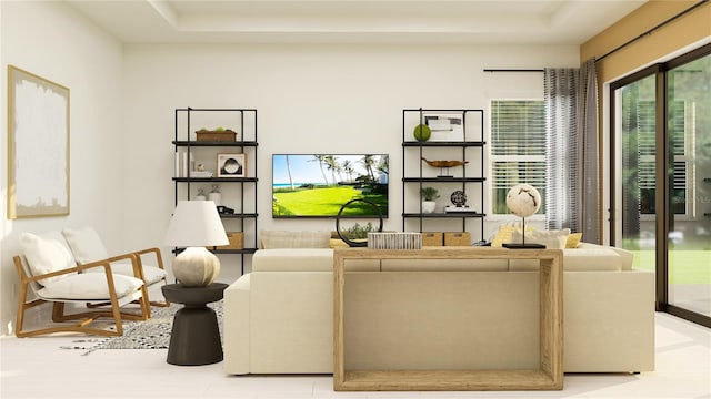 living room with a tray ceiling