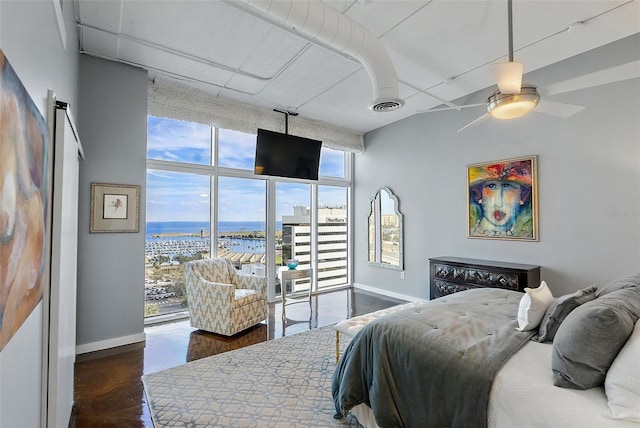 bedroom featuring access to outside and ceiling fan