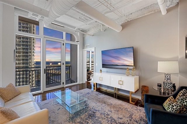 living room with hardwood / wood-style floors and a wall of windows