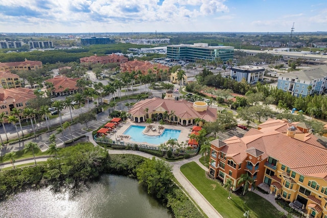 drone / aerial view with a water view