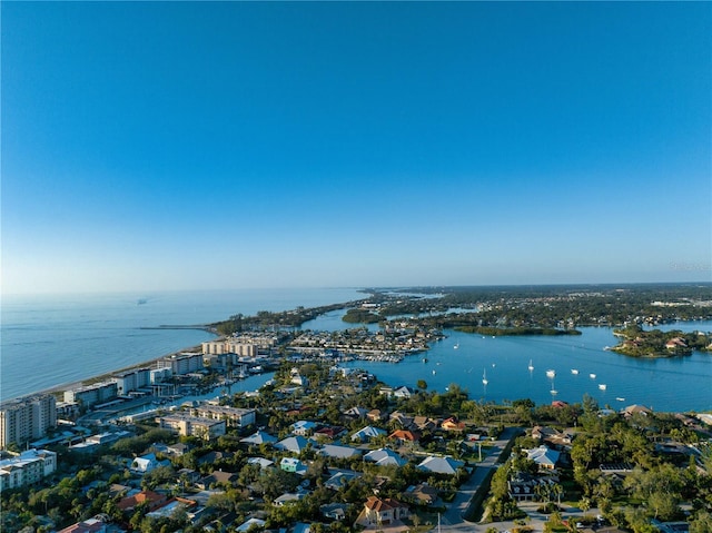 bird's eye view with a water view