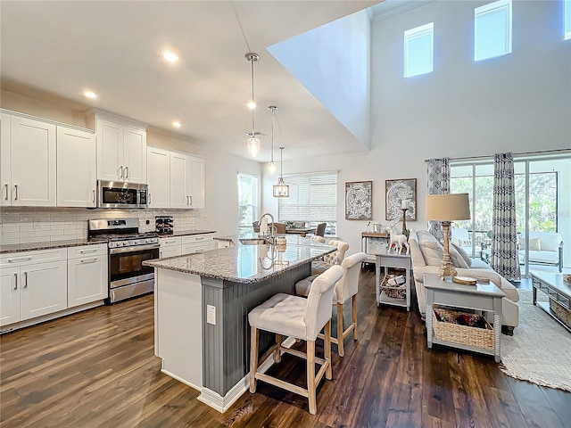 kitchen featuring sink, a kitchen breakfast bar, an island with sink, stainless steel appliances, and white cabinets