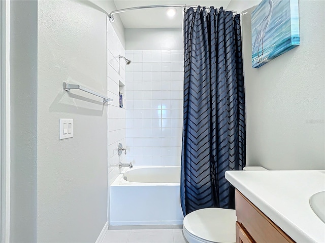 full bathroom with vanity, shower / bath combo, tile patterned floors, and toilet