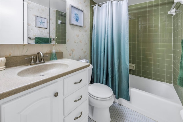 full bathroom with toilet, vanity, tile patterned floors, and shower / tub combo with curtain