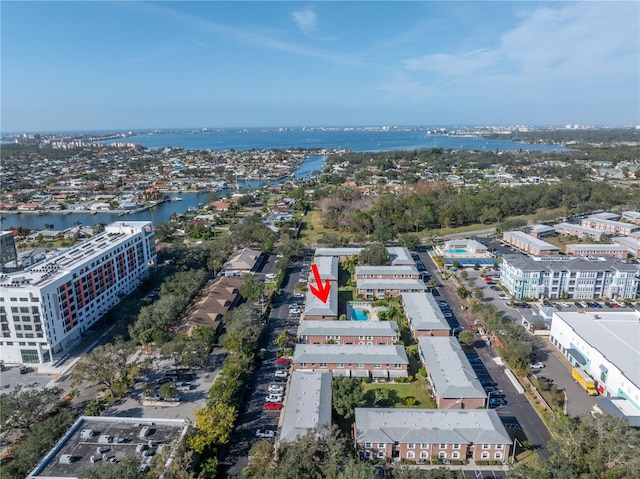 birds eye view of property featuring a water view