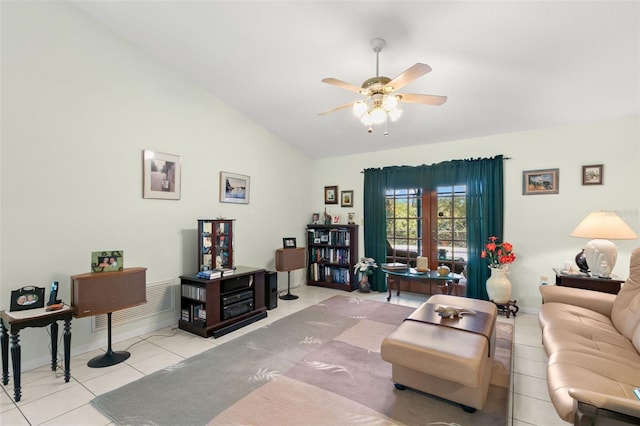 tiled living room with vaulted ceiling and ceiling fan