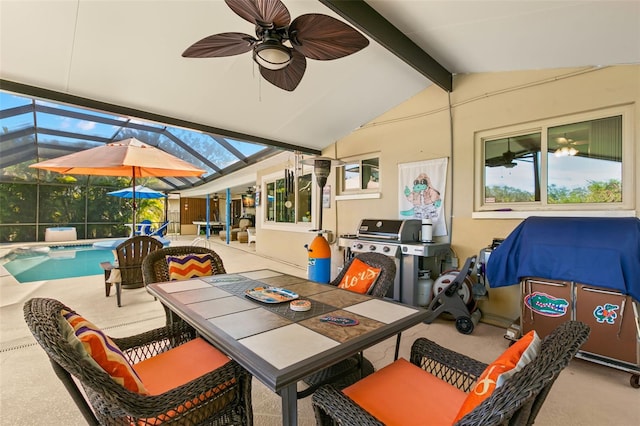 view of patio / terrace featuring ceiling fan, a grill, a lanai, and an outdoor living space