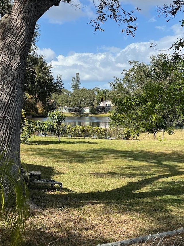 view of property's community featuring a lawn and a water view