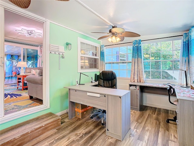 home office featuring ceiling fan and light hardwood / wood-style floors