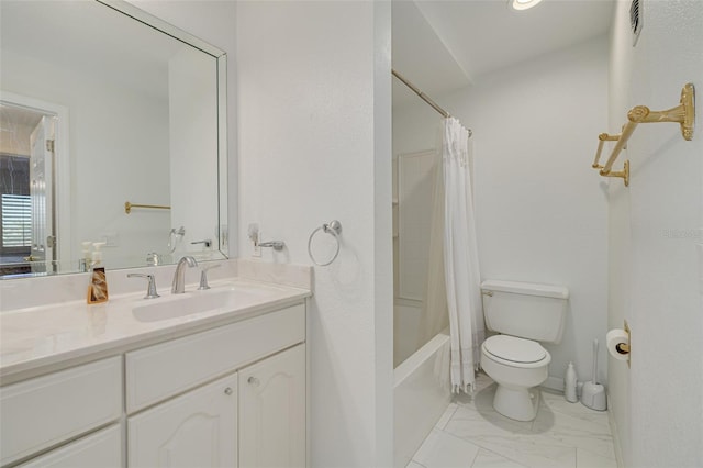 full bathroom featuring toilet, marble finish floor, shower / bath combo, and vanity