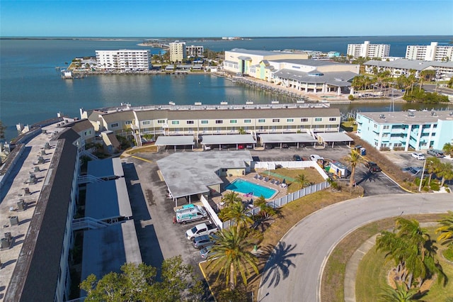 drone / aerial view featuring a water view