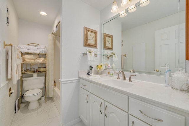 full bathroom with shower / bath combination with curtain, marble finish floor, vanity, and toilet