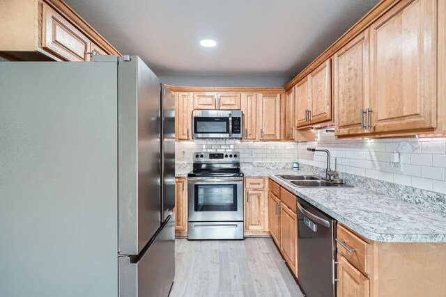 kitchen featuring decorative backsplash, light wood-type flooring, stainless steel appliances, and sink