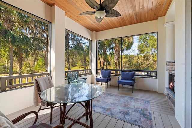 sunroom / solarium with a fireplace, ceiling fan, and wood ceiling