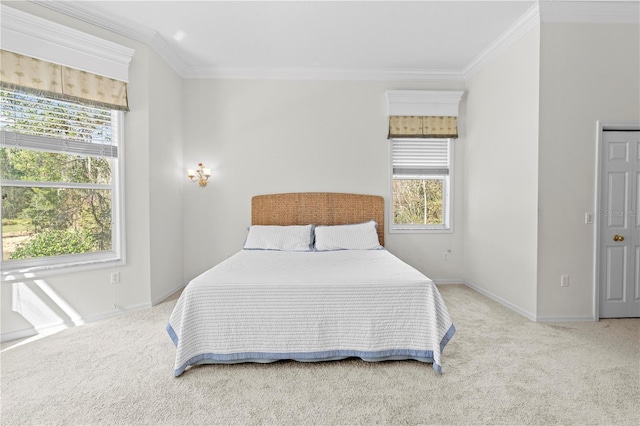 carpeted bedroom with multiple windows and crown molding