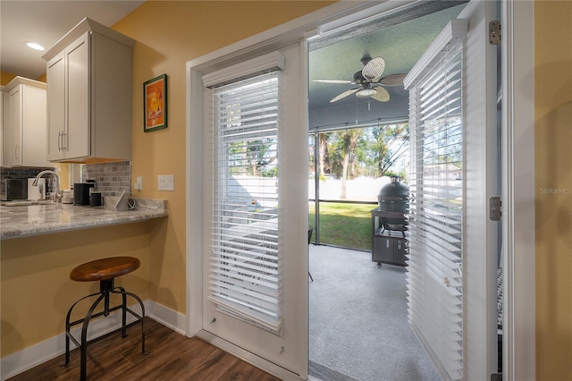 doorway featuring ceiling fan, dark wood-type flooring, and sink