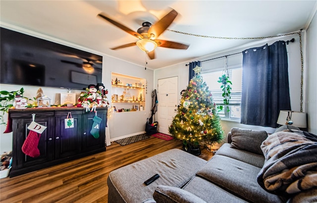 living room with ceiling fan, dark wood-type flooring, and ornamental molding